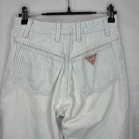 Guess Vintage 25x27 Striped Jeans 80s High Waist Zip Ankle Tapered Blue White - Picture 5 of 14